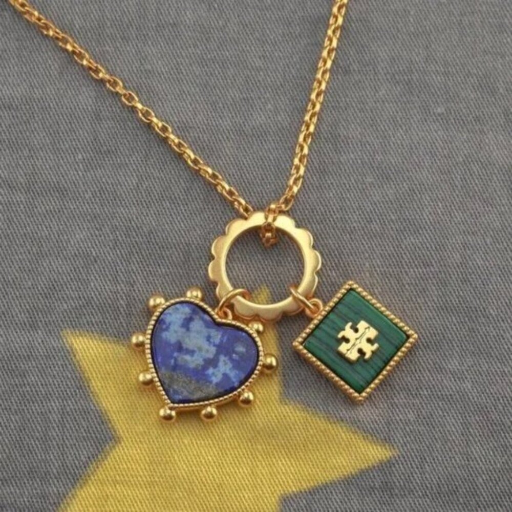 Tory Burch Heart and Square Charm Necklace in Semiprecious Stone (Brand New)